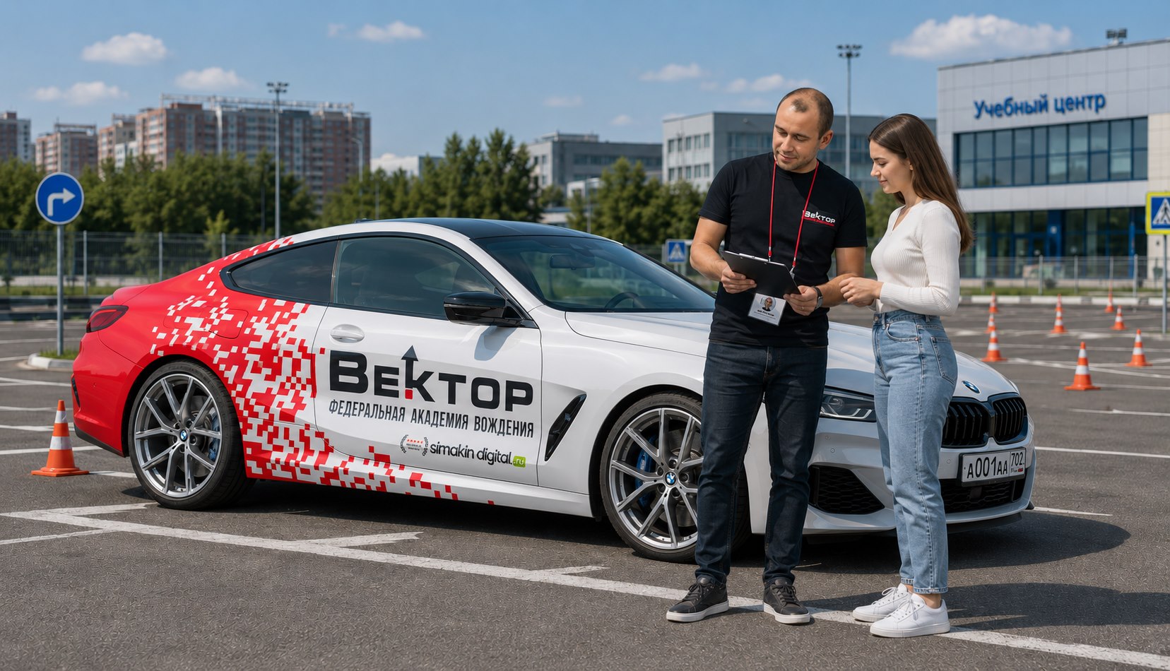 Инструктор автошколы СТАТУС объясняет ученице обучение на автодроме